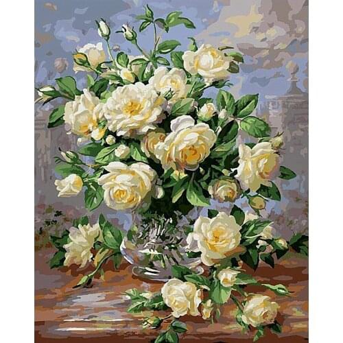 White Camellia DIY Painting By Numbers Flowers In Vase Coloring By Numbers On Canvas Digital Painting Home Decor 40*50cm Frame