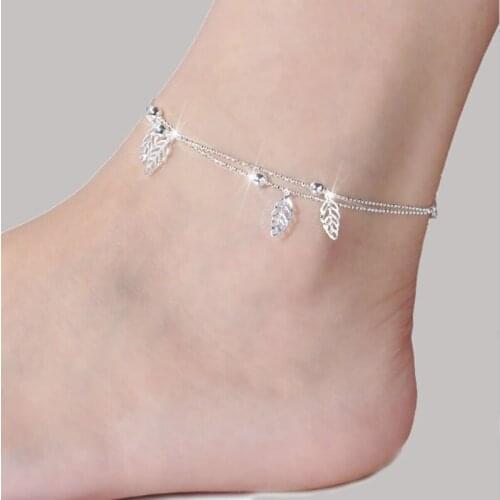 Leaves Double Layers Anklets Bohemian Barefoot Sandals Ankle Bracelet Feet for Women Leg Silver Foot Chain Jewelry Tornozeleira