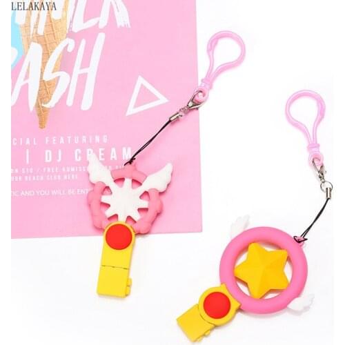Creative Card Captor Sakura Anime Action Figure Printed Stars Wings Magic Wand Key Shaped USB Flash Disk Keychains Pendants Doll