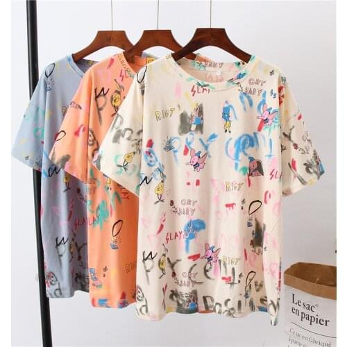 Mid-length T-shirt female loose 2020 summer new Short sleeve Harajuku style Print Women Top Plus Size D200503