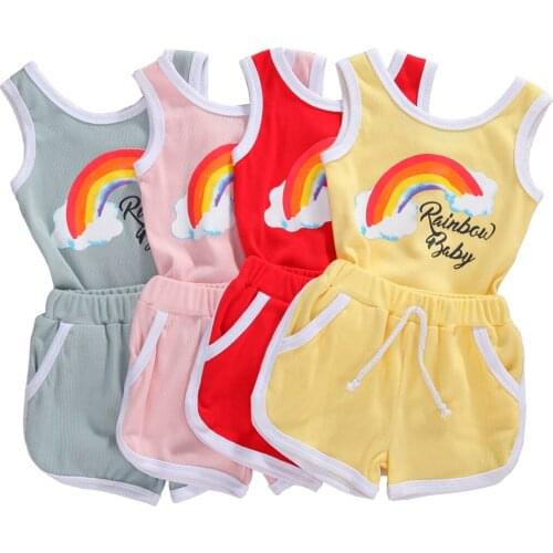 Newborn Baby Girls Boys Ribbed Cotton Clothes Sleeveless Flower Rainbow Romper Tops Shorts Set Summer Baby 2Pcs Outfits