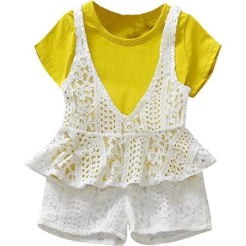 Suit for girls T-shirt shorts stitching lace corset summer new children girl fashion leisure wear tide k1