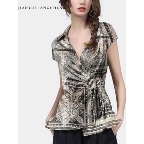 Fashion Bohemian Style Chiffon Printed Tops Women 2021 Summer Short Sleeve V-Neck Loose Casual Ladies Shirts With Hang Buckle