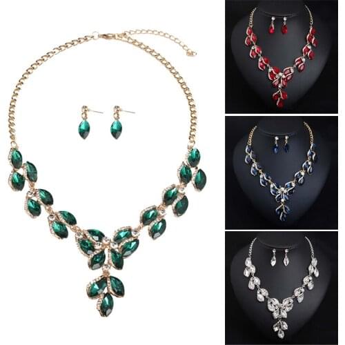 Fashion Women Crystal Necklace Earrings Sets Jewelry Set for Bridal Wedding Party Statement Gem Stone Pendant Bib Choker Collar