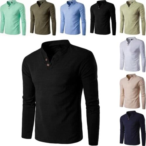 Casual Tops Mens Shirts Buttons V-Neck Long Sleeve Stand Collar Cotton Linen Shirt Top