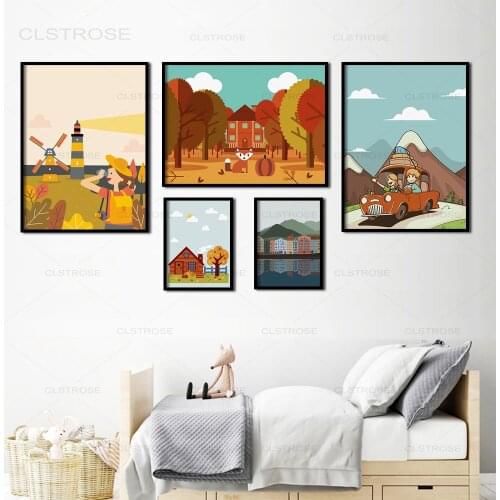 Cartoon Landscape Outing Car Travel Wall Art Canvas Painting Nordic Posters and Prints Nursery Wall Picture Baby Kids Room Decor
