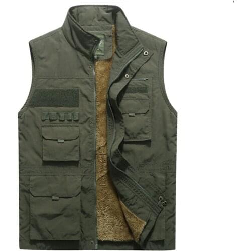 Autumn Winter Mens Large Size Loose Waistcoat Outdoor Camping Fishing Climbing Tactical Plush Multi Pocket Warm Vest Military