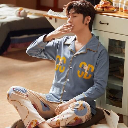 Pajamas MenS Long-Sleeved 100% Cotton Spring Autumn MenS Youth Cardigan Home Service Thin Two-Piece Suit Pyjamas Women Nightie