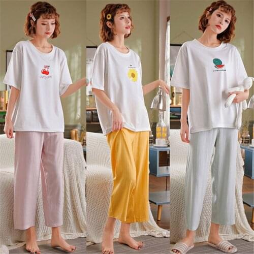 Pajamas suit womens cotton home clothes casual simple short-sleeved nine-point pants wide-leg pants Nightgown
