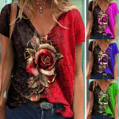 Summer Women V Neck Floral Rose Printed Short Sleeve Shirt Top Casual Loose Pullover Plus Size Tshirt Ladies Clothing Female Top