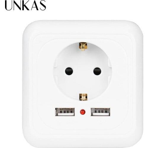 UNKAS Dual USB Port Wall Charger Adapter Charging 2400mA EU Plug Socket Power Outlet Panel Grounded Electric 86mm*86mm