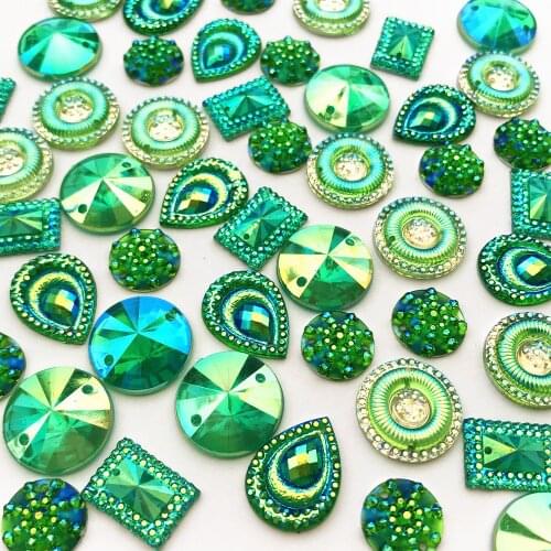 MIX Bling Green Gems Stones and Crystals Round Drop Square Sew-On Rhinestones for Sewing Wedding Decoration Clothing DIY Apparel