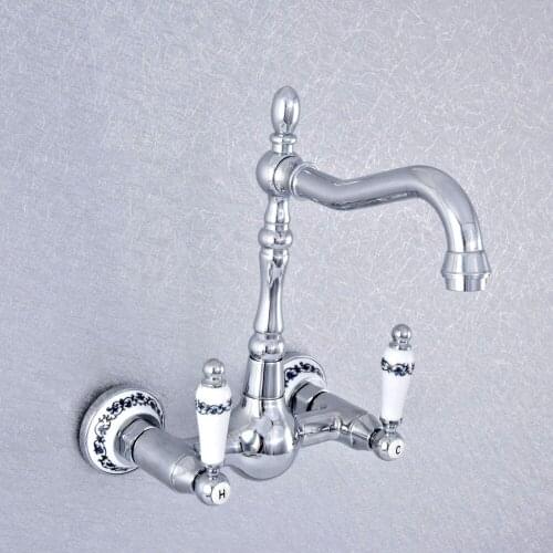 Double Handle Wall Mounted Kitchen Faucets Chrome Brass Dual Hole Bathroom Cold and Hot Sink Basin Mixer Tap tsf552