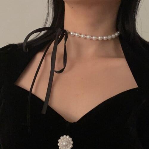 TIMEONLY Elegant Black Cloth Butterfly Simulated Pearl Choker Necklace for Women Lady Adjustable Charm Jewellery Birthday Gifts