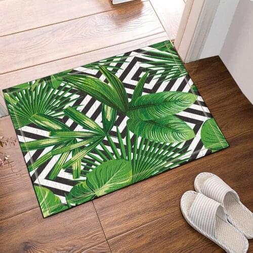 Jungle Plant Tropical Palm Leaves on the Black White Geometric BackgroundBath Rugs Non-Slip Floor Entryways Outdoor Indoor Front