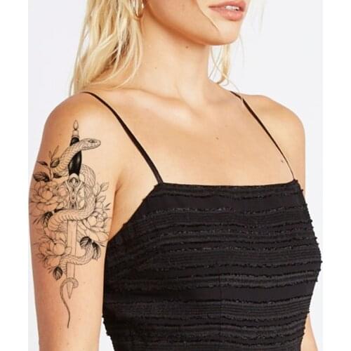Ukiyo-e Waterproof Temporary Tattoo Sticker Black White Snake Flower Leaves Fake Tattoos Flash Tatoos Arm Body Art for Women Men