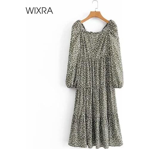 Wixra Womens Dot Print Dress Square Neck Full Sleeve Classic Loose Holiday High Street Mid Calf Clothing Spring Summer New