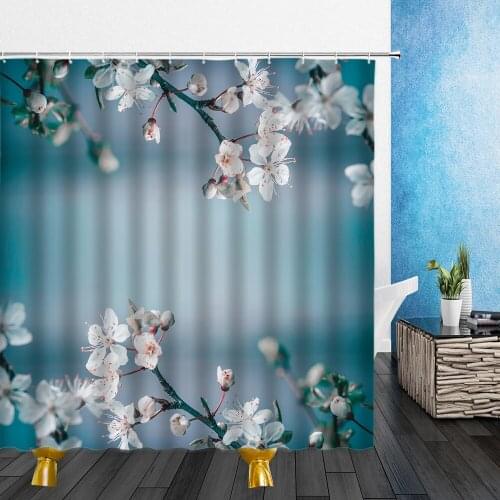Flowers Shower Curtain White Cherry Blossoms Blue Background 3D Waterproof Polyester Cloth Bathroom Curtains Screen With Hooks