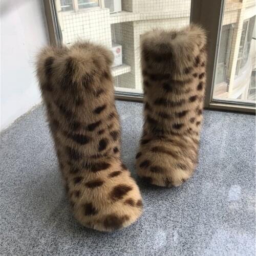 Womens Winter Snow Warm Fur Lining Real Fox Fur Trim Furry Mid Calf Boots Thicken Shoes Leopard 6 Colors Custom Made