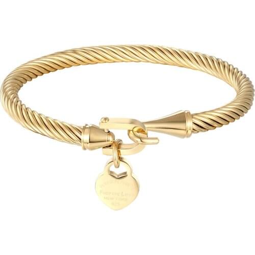 Classic Design Hook Cuffs Hang Peach Heart Charm Bracelets & Bangle For Women Stainless Steel Cable Jewelry Love Pulsera Gift