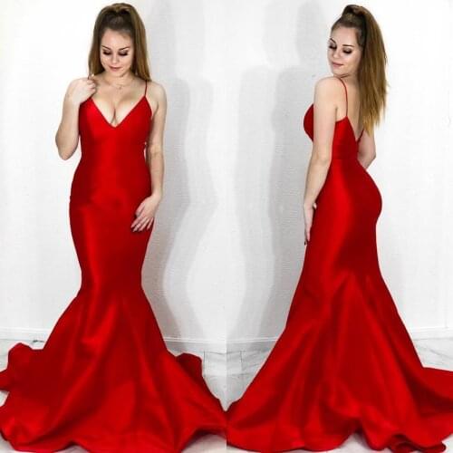 Mermaid Sexy Prom Dress 2019 Bright Red Hunter Green Satin Long Pageant Gown for Lady Backless Spaghetti Woman Formal Party Gown