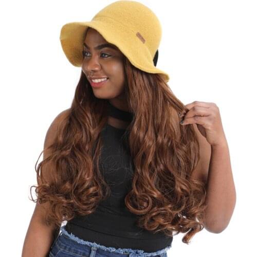 ZM Long Synthetic Wavy Wig Hat Natural Black / Brown Body Wave Wigs With Yellow Bow-Knot Hat Natural Fake Hair Wigs For Women
