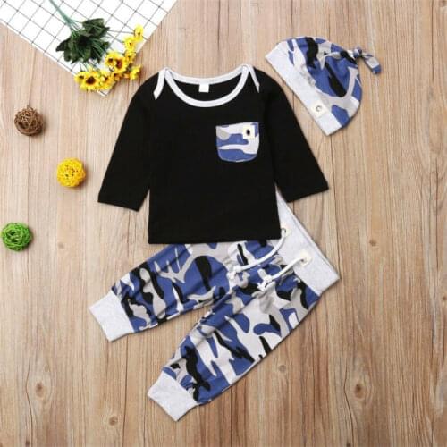 2020 New born kids Baby boy Pocket Decor 3Pcs cotton clothes Long Sleeve T-shirt +camouflage Pants + Hat Outfits Clothing Set