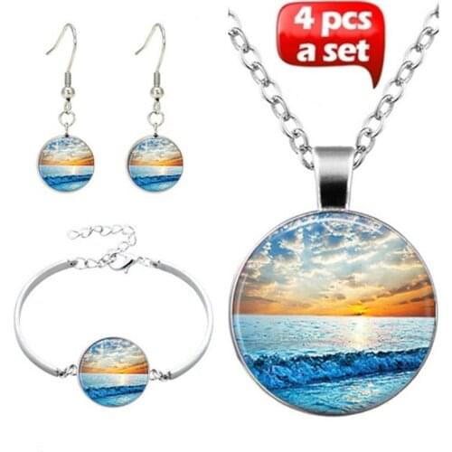 4Pcs/Set Sunset Beach Art Photo Cabochon Glass Jewelry Fashion Time gem Necklace Bracelet Earring Jewelry for Women Best Gift