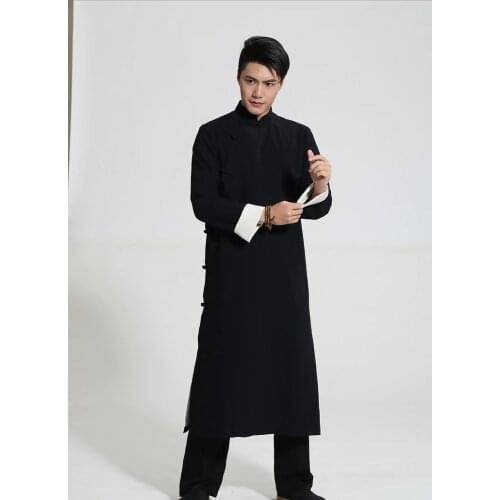 Black Chinese Men Crosstalk Sketch Storytelling Performance Clothing Long Cotton Dress Robe Gown Two Side Kung Fu Tai Chi Tops