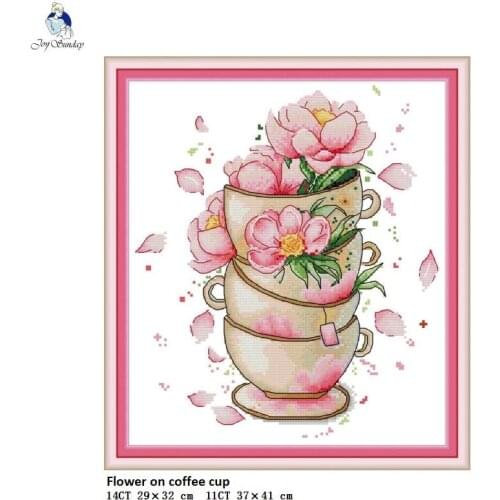 Flower On Coffee Cup Patterns DIY Hand Made Cross Stitch Kits Printed Canvas DMC Cross-stitch Embroidery Needlework Home Decor