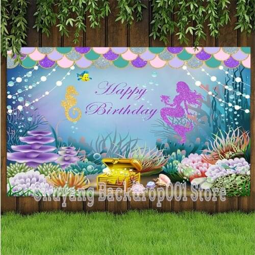 Little Mermaid Backdrop Curtain Under The Sea Girls Happy Birthday Party Custom Photo Background Studio Props Decor Banner