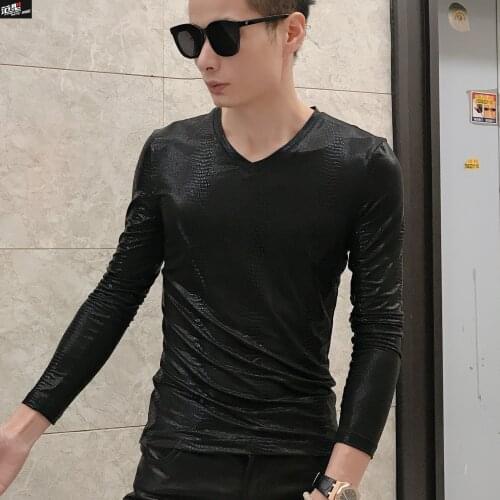 New Mens T Shirt Spring Autumn Korean Tide Tight Long-sleeved Bottoming Shirt Leopard Shiny Male Slim Imitation Leather Tshirt