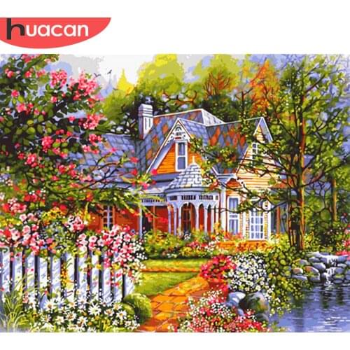 HUACAN Pictures By Number Flower House Handpainted Home Decoration Oil Painting By Number Landscape Drawing Canvas Wall Art Gift
