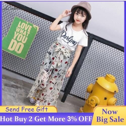 Girls Clothes Set Fashion Letter Print Short Sleeve T-Shirt+ Chiffon Floral Wide-Leg Pants Suits Baby Summer Cotton Leisure 2pcs