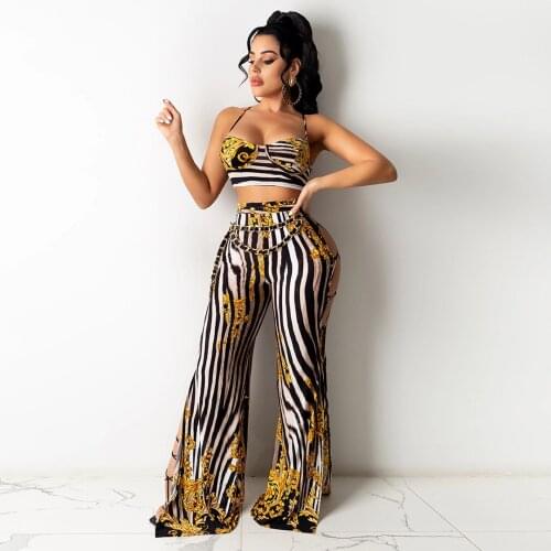 Felyn 2020 Best Quality Fashion Design 2 pcs Women Set Luxury Print Spaghetti Strap Short Tops And Long Pants Sexy Club Outfits