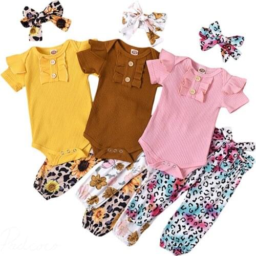 Infant Baby Girls 3 Pcs Outfits Suits, Short Sleeve Solid Ribbed Ruffle Romper Tops + Floral Printed Long Pant + Headband Sets