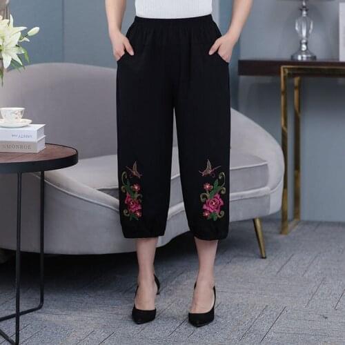 Summer Womens Pants Capris Casual Elastic Waist Pants Middle-aged Mother Pants Loose Floral Embroidery Straight Pants Plus Size