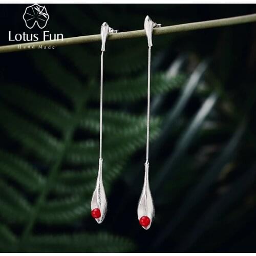 Lotus Fun Real 925 Sterling Silver Natural Stone Handmade Fine Jewelry Vintage Elegant Long Dangle Earrings for Women Brincos