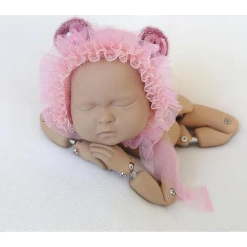 Cute Pink Baby Lace Hat Photo Props Newborn Girl Ruffle Hat Baby Bear Cap Cute Teddy Bear Photography Prop Bonnet Infant Bonnet