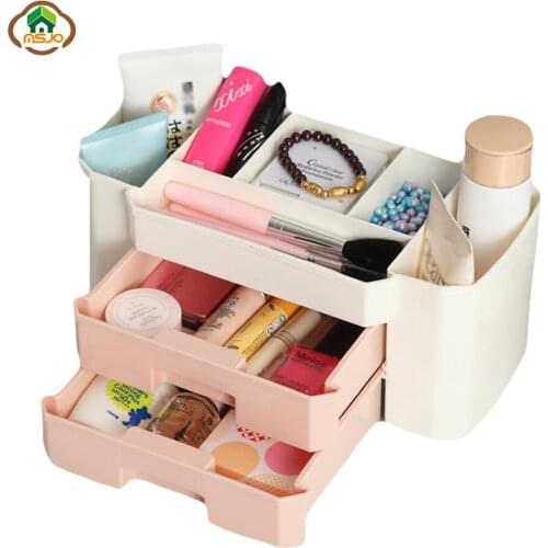 Msjo Makeup Organizer Box Plastic Makeup Organizer Cosmetics Skin Care Necklace Jewelry Case Sundry Double Storage Box
