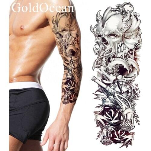Cool Black Demon Totem Temporary Tattoo Gun Leaves Men Full Arm Waterproof Tattoo Stickers Boys Prom Body Art Painting Tatto Leg