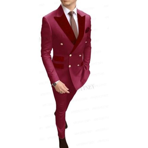New Designs Burgundy Men Suit Custom Made Double Breasted Slim fit Groom Wedding Suits Business Tuxedo Dress Blazer Pants 2Pcs