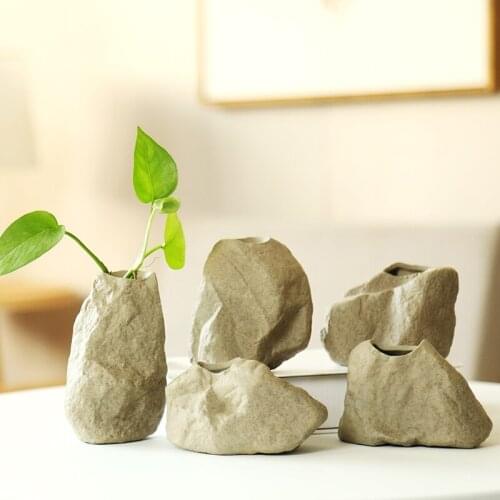 Creative Rock Mud Stoneware Hydroponic Flower Vase Stone Mini Exquisite Ceramic Small Vase Ornament Fairy Garden Decoration