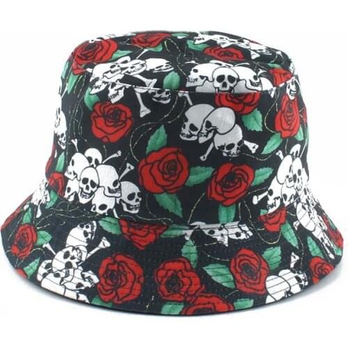 Panama Fishermant Hat Harajuku Skull And Rose Flower Print Bucket Hat For Women Men Reversible Fishing Cap