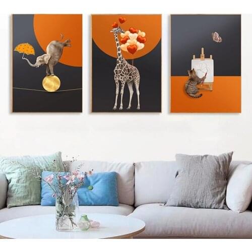 Nordic Funny Animal Elephant Giraffe Cat Canvas Painting Wall Art Pictures Posters and Prints for Living Room Home Decoration