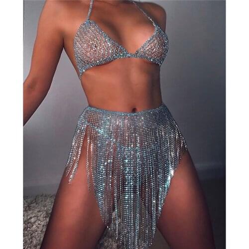 Super Luxury 3ps Blue Rhinestone Bra Thong Skirt Body Chain Set Nightclub Party Sexy Bikini Body Jewelry Harness Tassel Dress