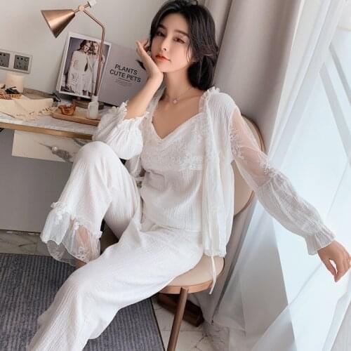 Spring summer lovely and sweet only beautiful royal wind lace princess pajama four-piece set with pendant robe fairy homewear