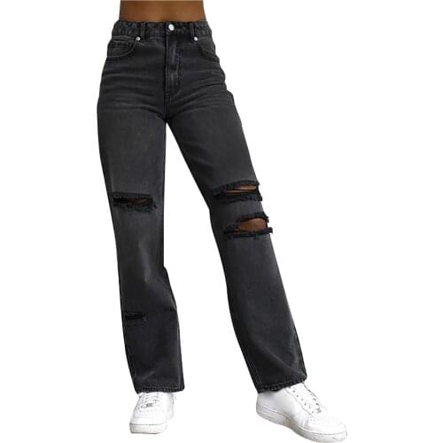 2021 Pants For Women Jeans Solid Color Hole High Waist Jeans Flared Ankle Fashion Pants Trouser Women Fashion Denim Pantalones