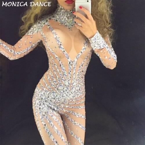 Women Stage Costumes for Singer Crystals Jumpsuits Long Sleeve jumpsuit Performance Party Celebrate Luxurious Shining Costume