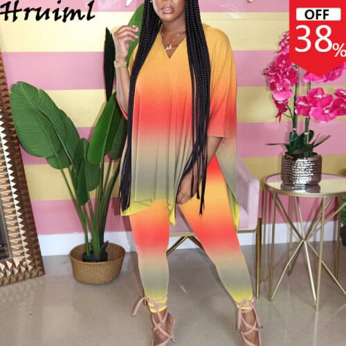 Loose 2 Piece Women Sets Fashion Tie Dye Half Sleeve v Neck Split Tops Long Pants Female Sets Summer Autumn Boho Plus Size 2020